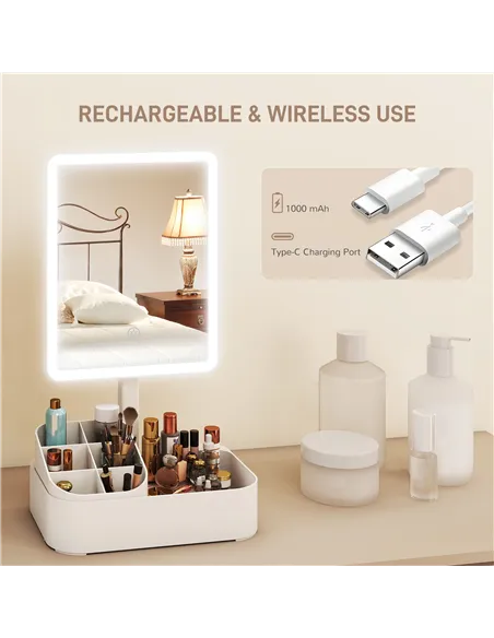 HOMCOM Makeup Mirror with Lights, Rechargeable Vanity Mirror w/ Touch Screen, 2 Lighting Modes and 180° Rotation, White