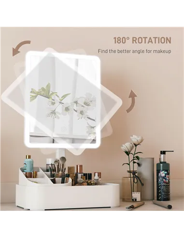 HOMCOM Makeup Mirror with Lights, Rechargeable Vanity Mirror w/ Touch Screen, 2 Lighting Modes and 180° Rotation, White