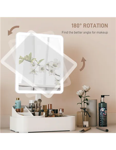 HOMCOM Makeup Mirror with Lights, Rechargeable Vanity Mirror w/ Touch Screen, 2 Lighting Modes and 180° Rotation, White