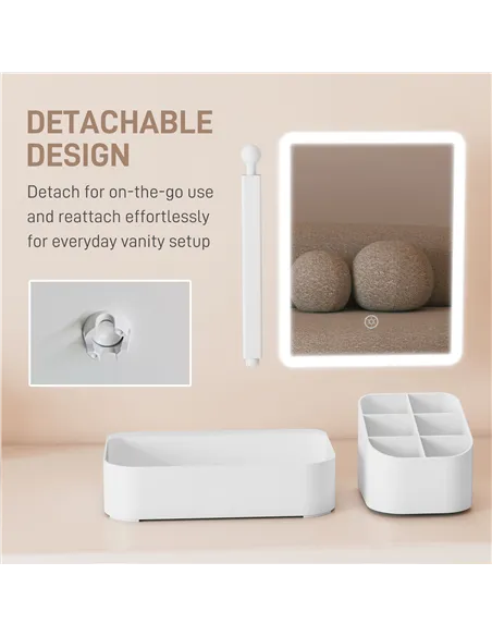 HOMCOM Makeup Mirror with Lights, Rechargeable Vanity Mirror w/ Touch Screen, 2 Lighting Modes and 180° Rotation, White