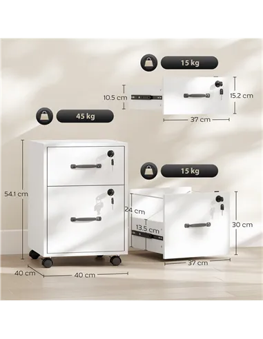 HOMCOM Rolling File Cabinet with 2 Drawers, Mobile Filing Cabinet with Hanging File Folder for Letter Sized Documents, White