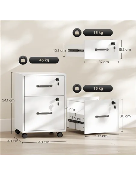 HOMCOM Rolling File Cabinet with 2 Drawers, Mobile Filing Cabinet with Hanging File Folder for Letter Sized Documents, White