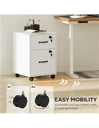 HOMCOM Rolling File Cabinet with 2 Drawers, Mobile Filing Cabinet with Hanging File Folder for Letter Sized Documents, White