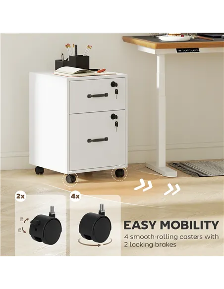 HOMCOM Rolling File Cabinet with 2 Drawers, Mobile Filing Cabinet with Hanging File Folder for Letter Sized Documents, White