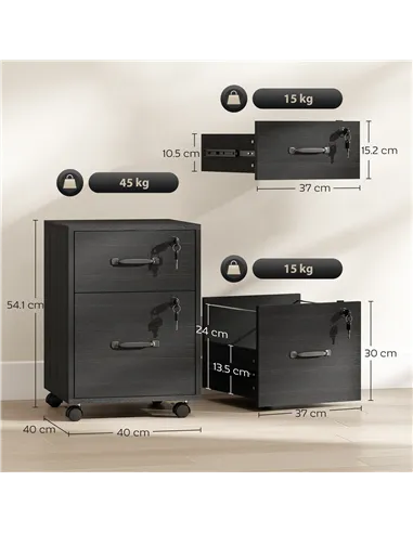 HOMCOM Rolling File Cabinet with 2 Drawers, Mobile Filing Cabinet with Hanging File Folder for Letter Sized Documents, Black