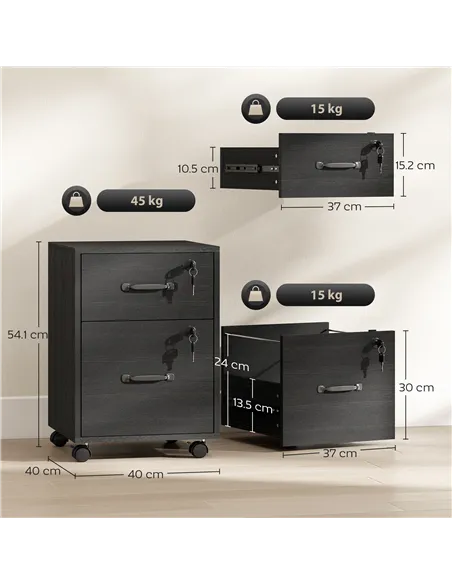 HOMCOM Rolling File Cabinet with 2 Drawers, Mobile Filing Cabinet with Hanging File Folder for Letter Sized Documents, Black