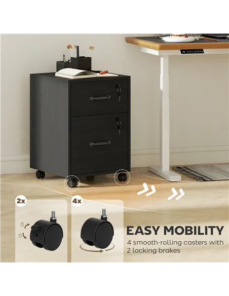 HOMCOM Rolling File Cabinet with 2 Drawers, Mobile Filing Cabinet with Hanging File Folder for Letter Sized Documents, Black
