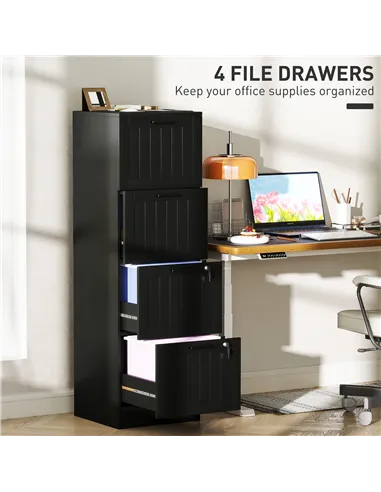 HOMCOM 4 Drawer Filing Cabinet with Lock, Office Storage Cabinet with Adjustable Hanging Bars for A4 Letter Size Files, Black