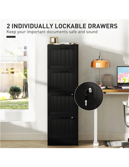 HOMCOM 4 Drawer Filing Cabinet with Lock, Office Storage Cabinet with Adjustable Hanging Bars for A4 Letter Size Files, Black