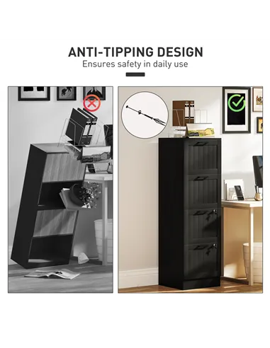 HOMCOM 4 Drawer Filing Cabinet with Lock, Office Storage Cabinet with Adjustable Hanging Bars for A4 Letter Size Files, Black