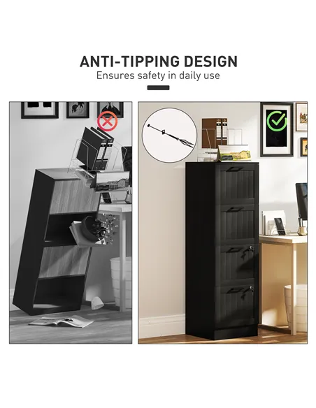 HOMCOM 4 Drawer Filing Cabinet with Lock, Office Storage Cabinet with Adjustable Hanging Bars for A4 Letter Size Files, Black