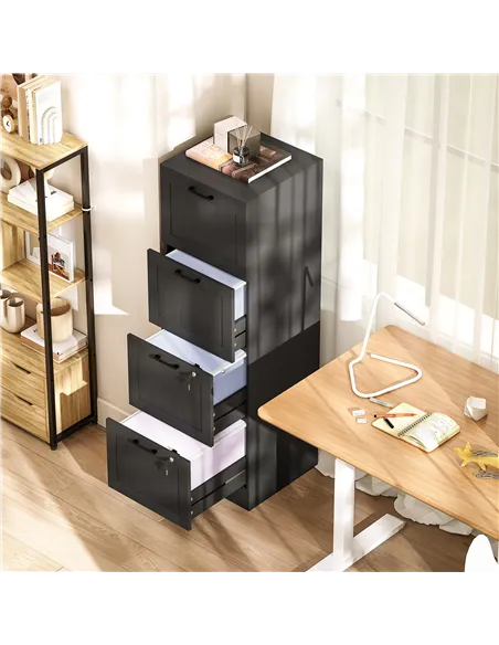 HOMCOM 4 Drawer Filing Cabinet with Lock, Office Storage Cabinet with Adjustable Hanging Bars for A4 Letter Size Files, Black