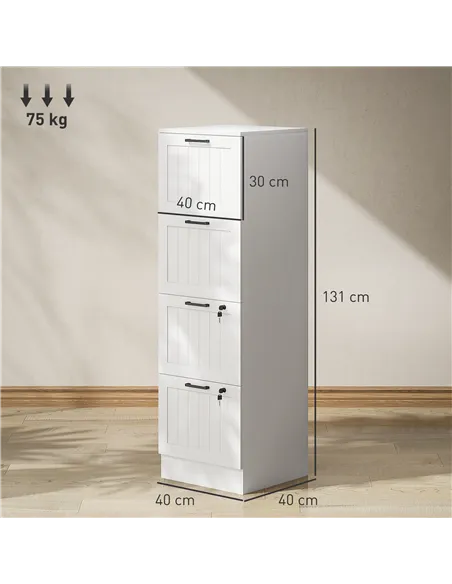 HOMCOM 4 Drawer Filing Cabinet with Lock, Office Storage Cabinet with Adjustable Hanging Bars for A4 Letter Size Files, White