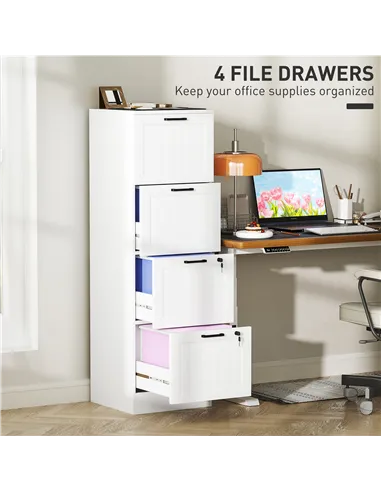 HOMCOM 4 Drawer Filing Cabinet with Lock, Office Storage Cabinet with Adjustable Hanging Bars for A4 Letter Size Files, White