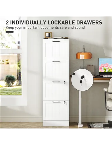 HOMCOM 4 Drawer Filing Cabinet with Lock, Office Storage Cabinet with Adjustable Hanging Bars for A4 Letter Size Files, White