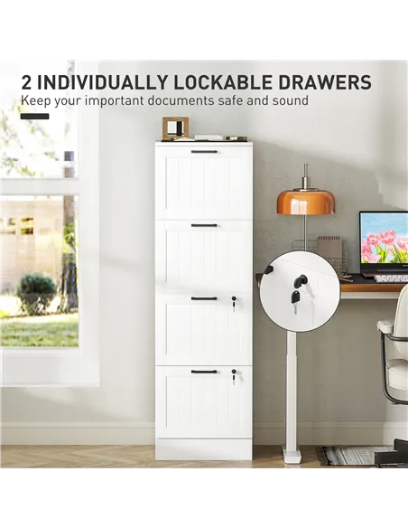 HOMCOM 4 Drawer Filing Cabinet with Lock, Office Storage Cabinet with Adjustable Hanging Bars for A4 Letter Size Files, White