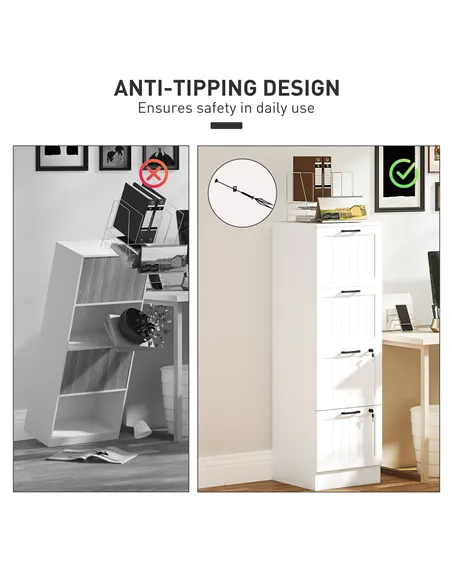 HOMCOM 4 Drawer Filing Cabinet with Lock, Office Storage Cabinet with Adjustable Hanging Bars for A4 Letter Size Files, White