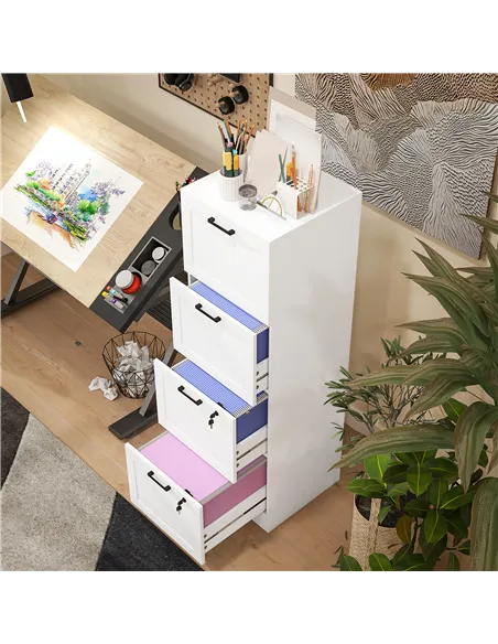 HOMCOM 4 Drawer Filing Cabinet with Lock, Office Storage Cabinet with Adjustable Hanging Bars for A4 Letter Size Files, White