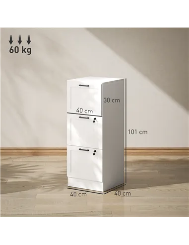 HOMCOM 3 Drawer Filing Cabinet with Lock, Office Storage Cabinet with Adjustable Hanging Bars for A4 Letter Size Files, White