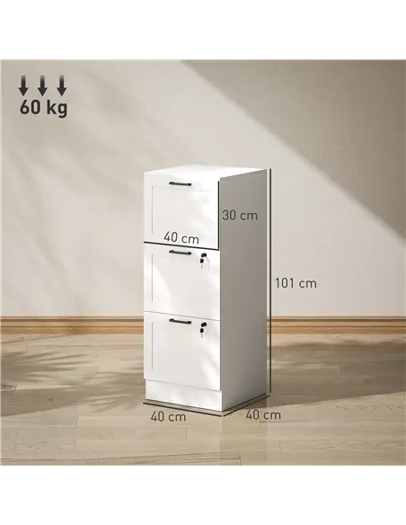 HOMCOM 3 Drawer Filing Cabinet with Lock, Office Storage Cabinet with Adjustable Hanging Bars for A4 Letter Size Files, White