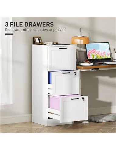 HOMCOM 3 Drawer Filing Cabinet with Lock, Office Storage Cabinet with Adjustable Hanging Bars for A4 Letter Size Files, White