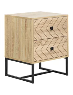 HOMCOM Bedside Table Nightstand Two-Drawer Bedroom Storage Unit Zig Zag Design with Black Metal Handles, Natural