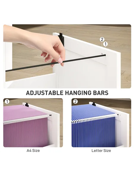 HOMCOM 3 Drawer Filing Cabinet with Lock, Office Storage Cabinet with Adjustable Hanging Bars for A4 Letter Size Files, White