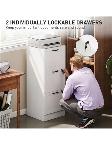 HOMCOM 3 Drawer Filing Cabinet with Lock, Office Storage Cabinet with Adjustable Hanging Bars for A4 Letter Size Files, White