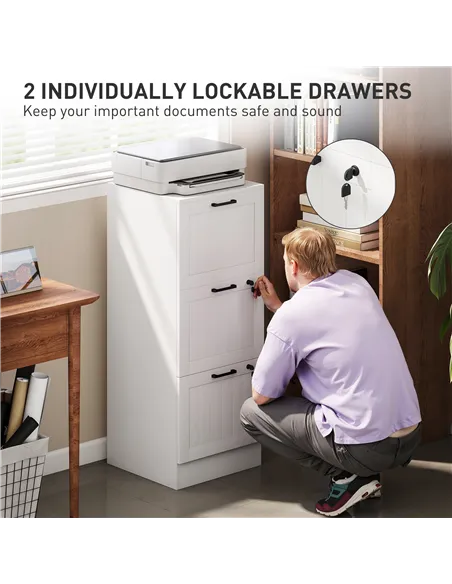 HOMCOM 3 Drawer Filing Cabinet with Lock, Office Storage Cabinet with Adjustable Hanging Bars for A4 Letter Size Files, White