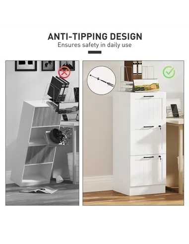 HOMCOM 3 Drawer Filing Cabinet with Lock, Office Storage Cabinet with Adjustable Hanging Bars for A4 Letter Size Files, White