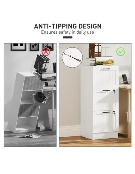 HOMCOM 3 Drawer Filing Cabinet with Lock, Office Storage Cabinet with Adjustable Hanging Bars for A4 Letter Size Files, White