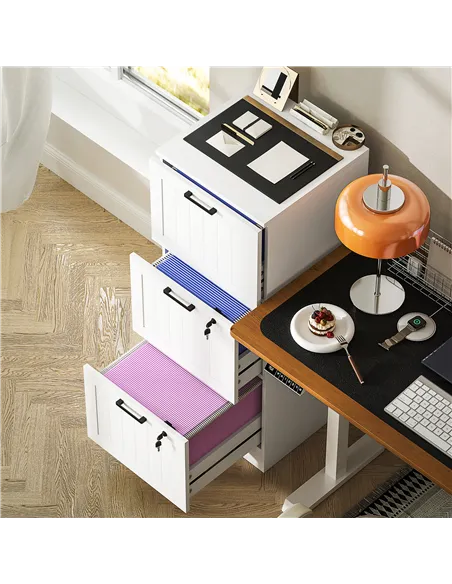 HOMCOM 3 Drawer Filing Cabinet with Lock, Office Storage Cabinet with Adjustable Hanging Bars for A4 Letter Size Files, White