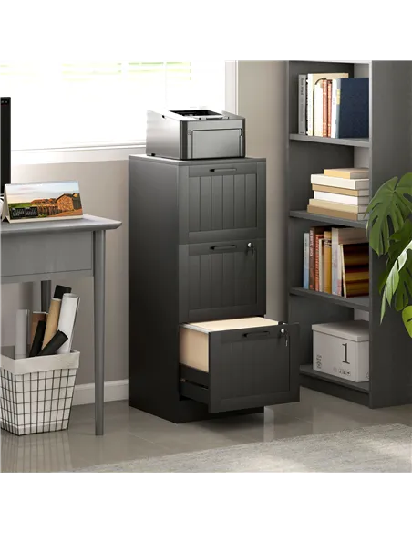 HOMCOM 3 Drawer Filing Cabinet with Lock, Office Storage Cabinet with Adjustable Hanging Bars for A4 Letter Size Files, Black