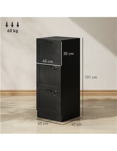 HOMCOM 3 Drawer Filing Cabinet with Lock, Office Storage Cabinet with Adjustable Hanging Bars for A4 Letter Size Files, Black