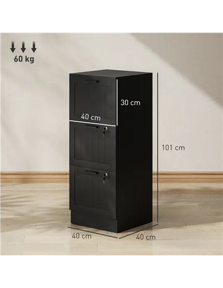 HOMCOM 3 Drawer Filing Cabinet with Lock, Office Storage Cabinet with Adjustable Hanging Bars for A4 Letter Size Files, Black