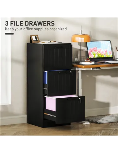 HOMCOM 3 Drawer Filing Cabinet with Lock, Office Storage Cabinet with Adjustable Hanging Bars for A4 Letter Size Files, Black