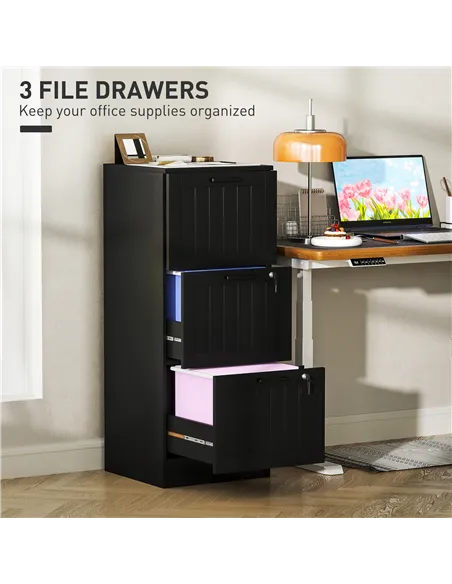 HOMCOM 3 Drawer Filing Cabinet with Lock, Office Storage Cabinet with Adjustable Hanging Bars for A4 Letter Size Files, Black