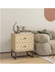 HOMCOM Bedside Table Nightstand Two-Drawer Bedroom Storage Unit Zig Zag Design with Black Metal Handles, Natural 2