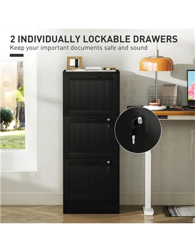 HOMCOM 3 Drawer Filing Cabinet with Lock, Office Storage Cabinet with Adjustable Hanging Bars for A4 Letter Size Files, Black