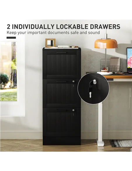 HOMCOM 3 Drawer Filing Cabinet with Lock, Office Storage Cabinet with Adjustable Hanging Bars for A4 Letter Size Files, Black