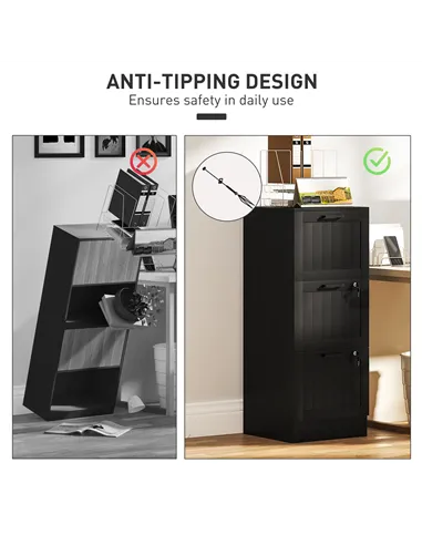 HOMCOM 3 Drawer Filing Cabinet with Lock, Office Storage Cabinet with Adjustable Hanging Bars for A4 Letter Size Files, Black