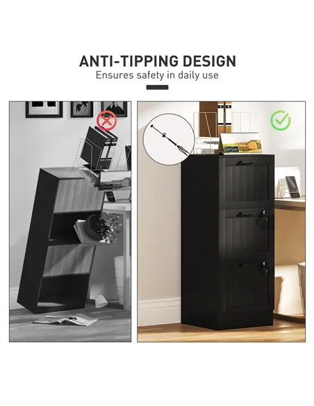 HOMCOM 3 Drawer Filing Cabinet with Lock, Office Storage Cabinet with Adjustable Hanging Bars for A4 Letter Size Files, Black