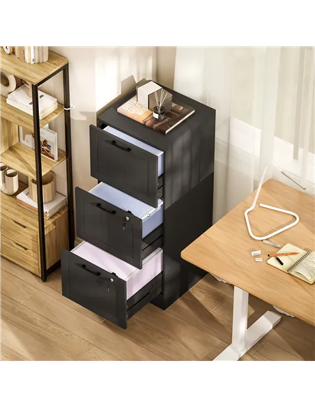 HOMCOM 3 Drawer Filing Cabinet with Lock, Office Storage Cabinet with Adjustable Hanging Bars for A4 Letter Size Files, Black