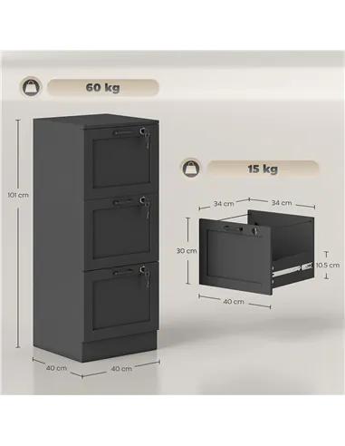 HOMCOM 3-Drawer Filing Cabinet with Lock - Black