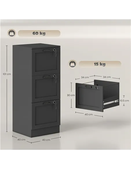 HOMCOM 3-Drawer Filing Cabinet with Lock - Black