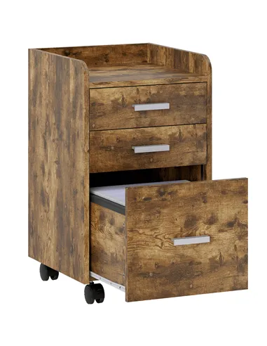 HOMCOM 3 Drawer Filing Cabinet, Rolling File Cabinet with Edged Top for Letter, A4 Size, Hanging File Folders, Rustic Brown