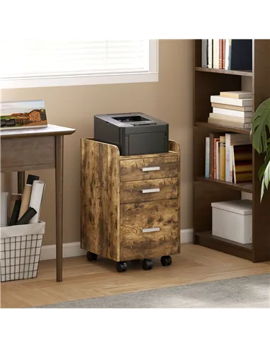 HOMCOM 3 Drawer Filing Cabinet, Rolling File Cabinet with Edged Top for Letter, A4 Size, Hanging File Folders, Rustic Brown