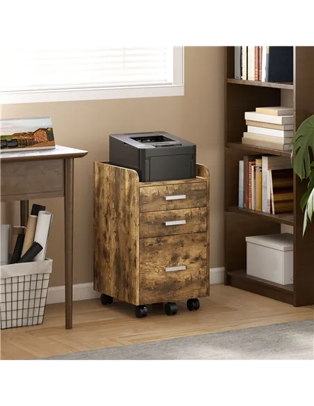 HOMCOM 3 Drawer Filing Cabinet, Rolling File Cabinet with Edged Top for Letter, A4 Size, Hanging File Folders, Rustic Brown