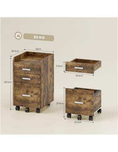 HOMCOM 3 Drawer Filing Cabinet, Rolling File Cabinet with Edged Top for Letter, A4 Size, Hanging File Folders, Rustic Brown