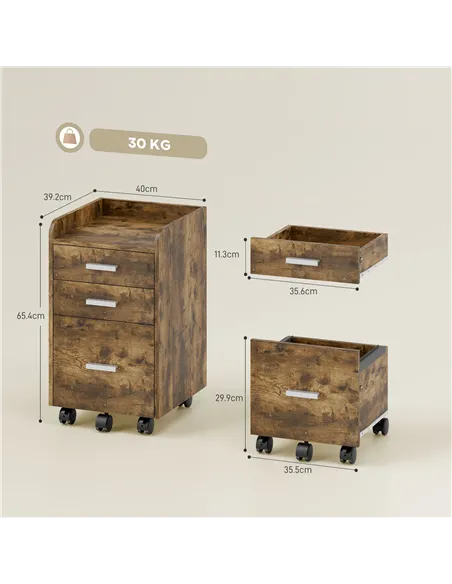 HOMCOM 3 Drawer Filing Cabinet, Rolling File Cabinet with Edged Top for Letter, A4 Size, Hanging File Folders, Rustic Brown